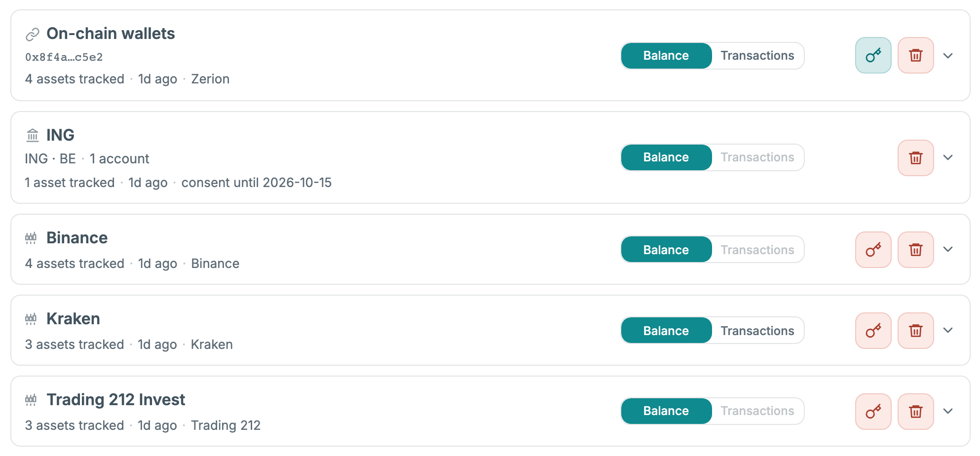Connected sources in Krosos: bank via open banking, Binance, Kraken, Trading 212 and on-chain wallets, all read-only