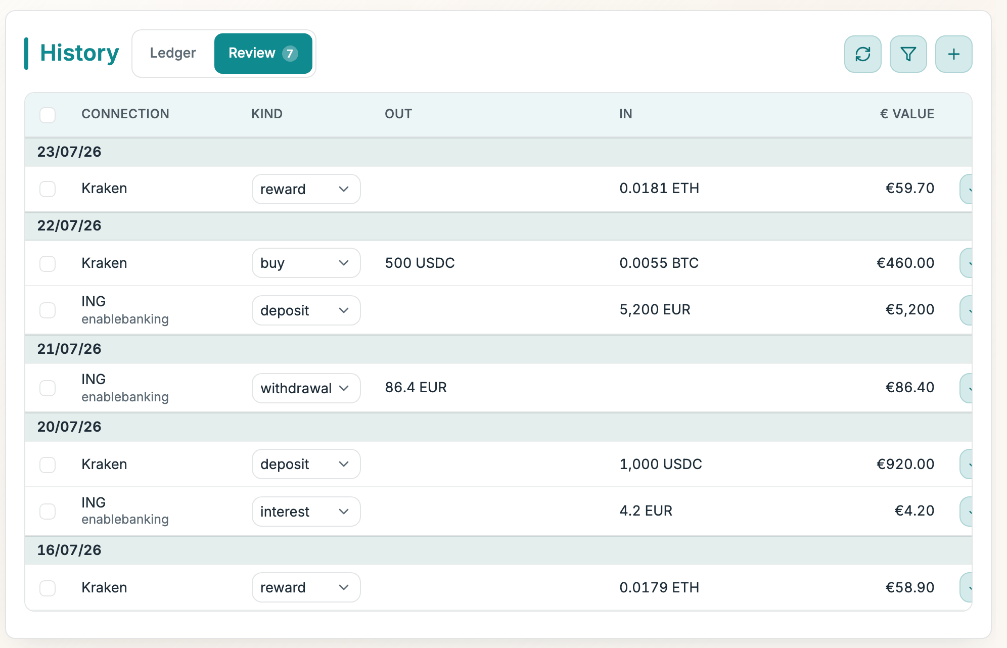 The review queue: pending Kraken rewards, a trade and a deposit waiting for approval